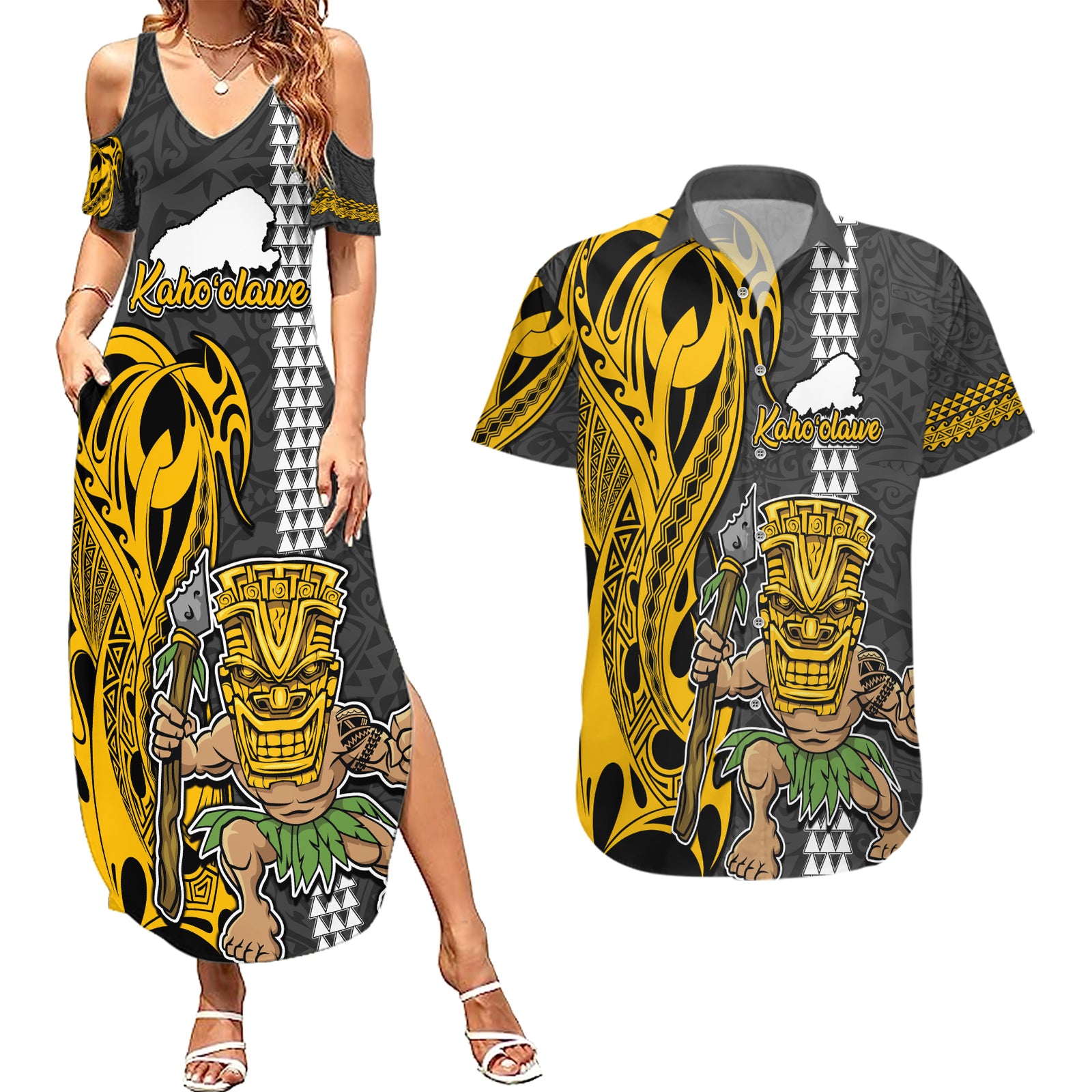Hawaii Kahoolawe Island Couples Matching Summer Maxi Dress and Hawaiian Shirt Hawaiian Warrior and Kakau Symbols Abstract Tattoo LT03 Yellow - Polynesian Pride