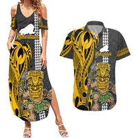 Hawaii Kahoolawe Island Couples Matching Summer Maxi Dress and Hawaiian Shirt Hawaiian Warrior and Kakau Symbols Abstract Tattoo LT03 Yellow - Polynesian Pride