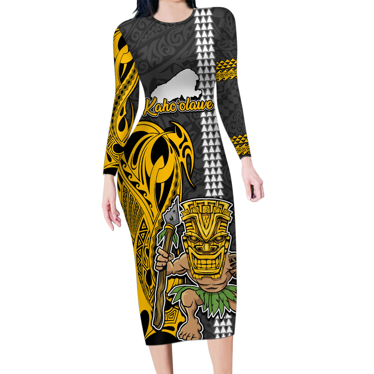 Hawaii Kahoolawe Island Family Matching Long Sleeve Bodycon Dress and Hawaiian Shirt Hawaiian Warrior and Kakau Symbols Abstract Tattoo LT03 Mom's Dress Yellow - Polynesian Pride