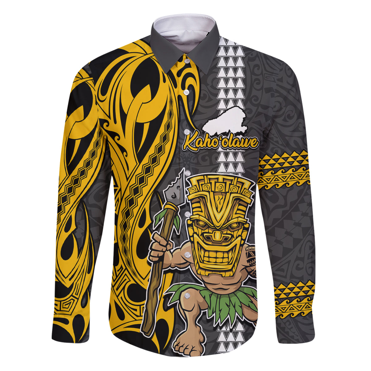 Hawaii Kahoolawe Island Family Matching Puletasi Dress and Hawaiian Shirt Hawaiian Warrior and Kakau Symbols Abstract Tattoo LT03 Dad's Shirt - Long Sleeve Yellow - Polynesian Pride