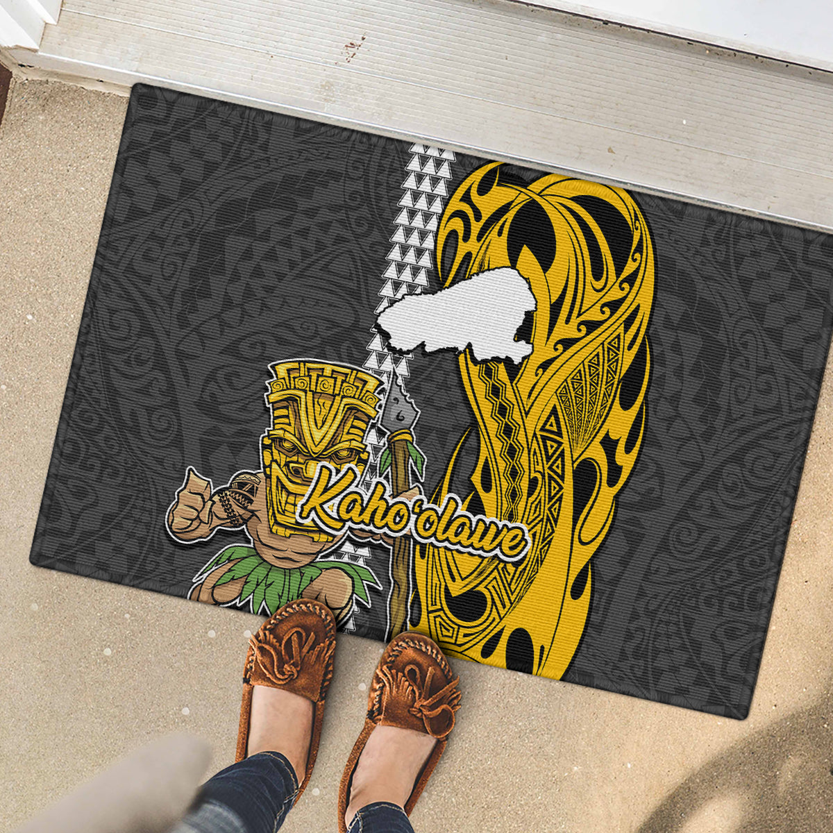 Hawaii Kahoolawe Island Rubber Doormat Hawaiian Warrior and Kakau Symbols Abstract Tattoo LT03 - Polynesian Pride