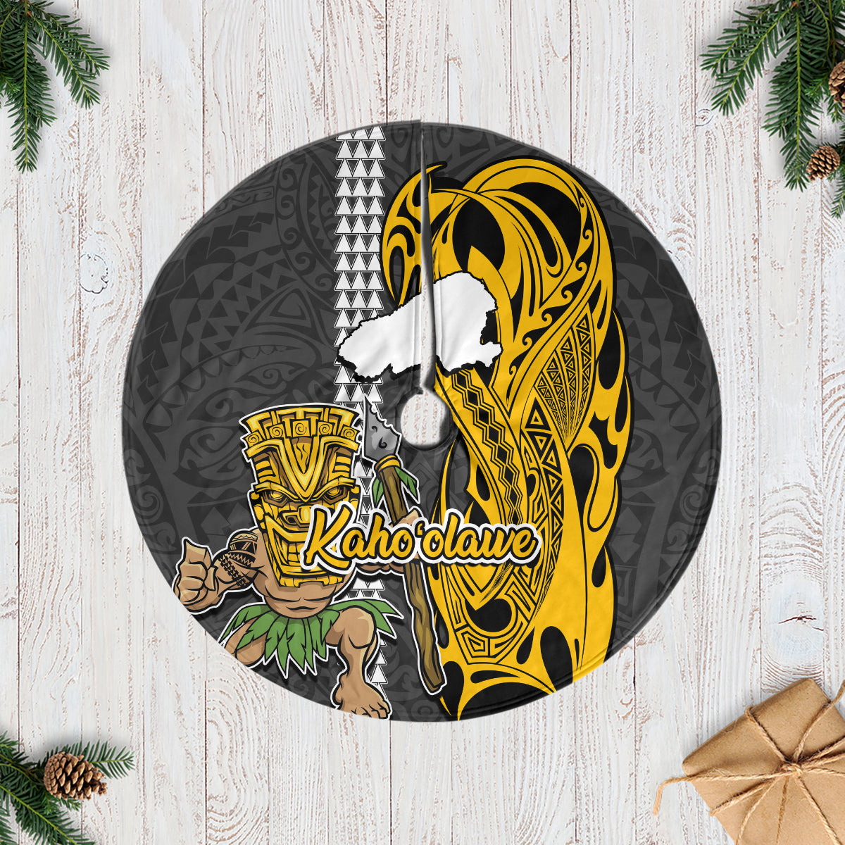 Hawaii Kahoolawe Island Tree Skirt Hawaiian Warrior and Kakau Symbols Abstract Tattoo LT03 Yellow - Polynesian Pride