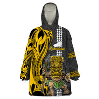 Hawaii Kahoolawe Island Wearable Blanket Hoodie Hawaiian Warrior and Kakau Symbols Abstract Tattoo LT03 One Size Yellow - Polynesian Pride