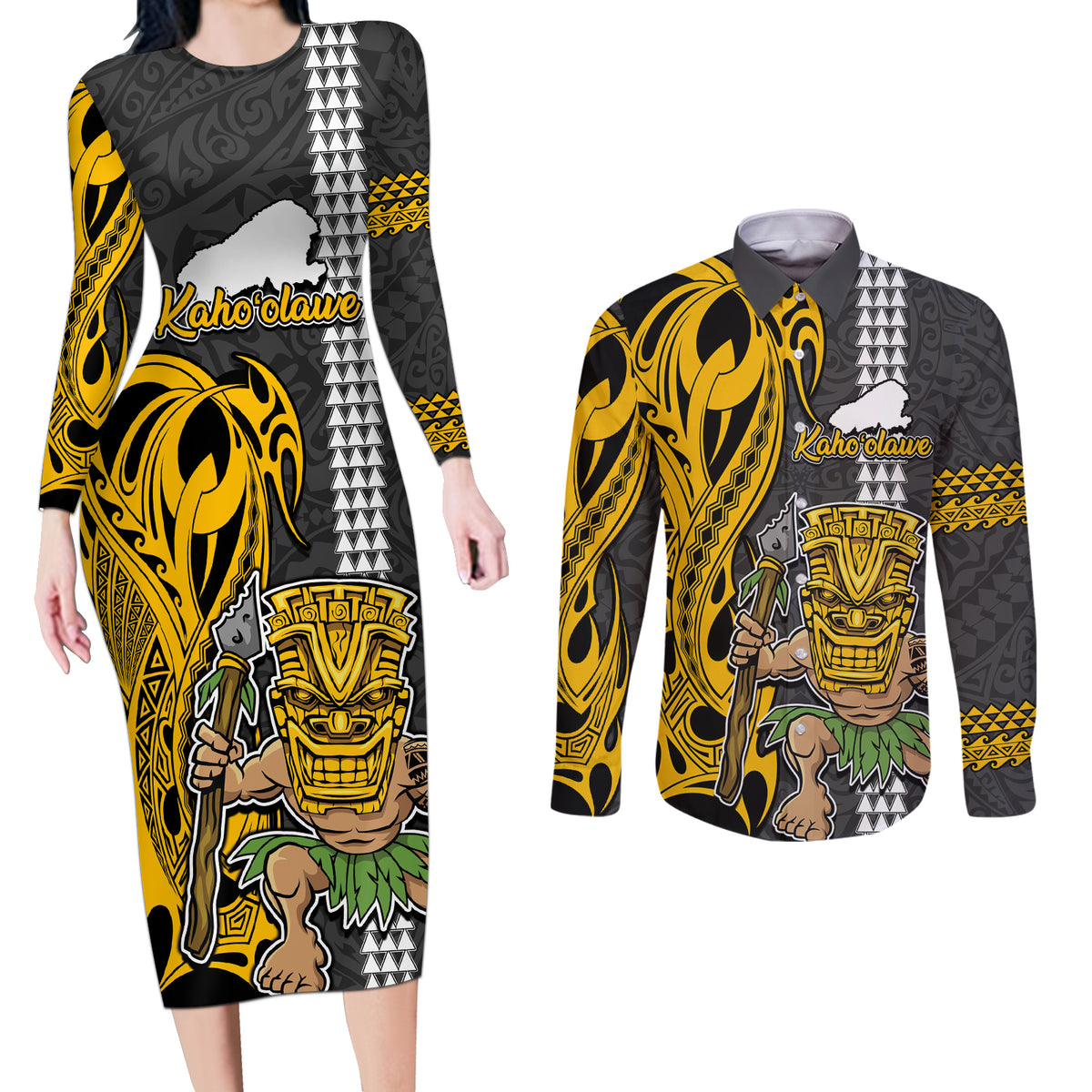 Custom Hawaii Kahoolawe Island Couples Matching Long Sleeve Bodycon Dress and Long Sleeve Button Shirts Hawaiian Warrior and Kakau Symbols Abstract Tattoo LT03 Yellow - Polynesian Pride
