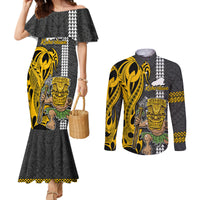 Custom Hawaii Kahoolawe Island Couples Matching Mermaid Dress and Long Sleeve Button Shirts Hawaiian Warrior and Kakau Symbols Abstract Tattoo LT03 Yellow - Polynesian Pride