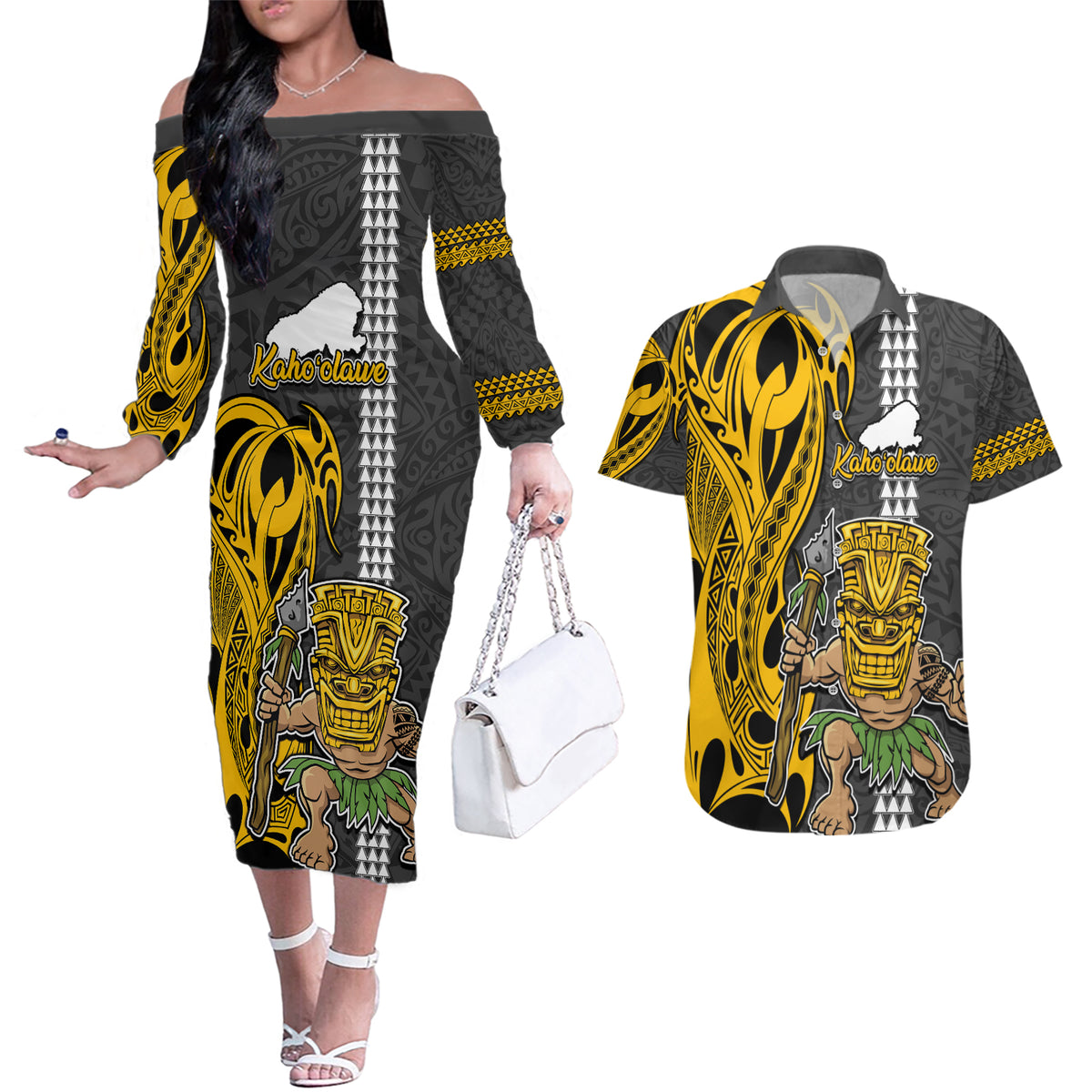 Custom Hawaii Kahoolawe Island Couples Matching Off The Shoulder Long Sleeve Dress and Hawaiian Shirt Hawaiian Warrior and Kakau Symbols Abstract Tattoo LT03 Yellow - Polynesian Pride