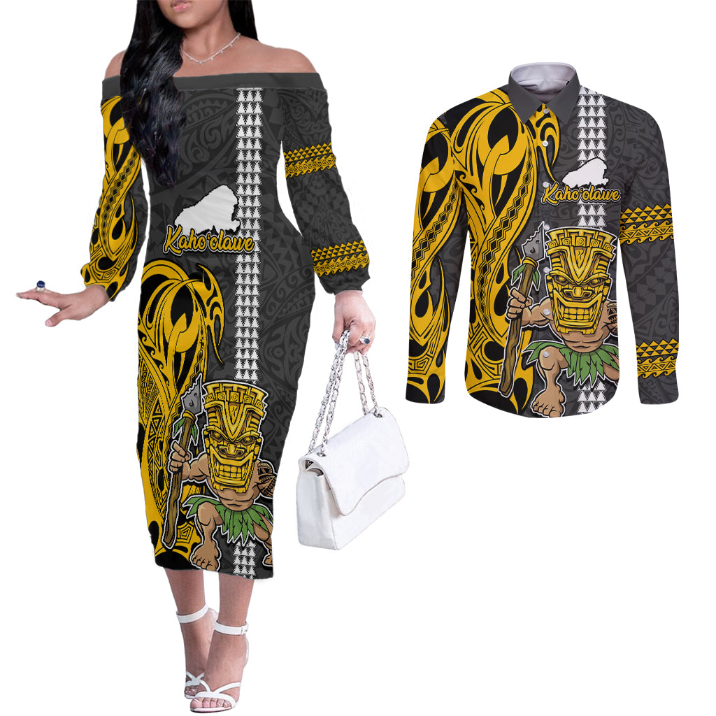 Custom Hawaii Kahoolawe Island Couples Matching Off The Shoulder Long Sleeve Dress and Long Sleeve Button Shirts Hawaiian Warrior and Kakau Symbols Abstract Tattoo LT03 Yellow - Polynesian Pride