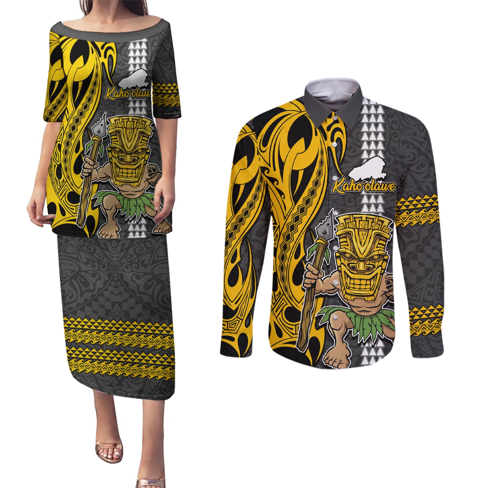 Custom Hawaii Kahoolawe Island Couples Matching Puletasi Dress and Long Sleeve Button Shirts Hawaiian Warrior and Kakau Symbols Abstract Tattoo LT03 Yellow - Polynesian Pride