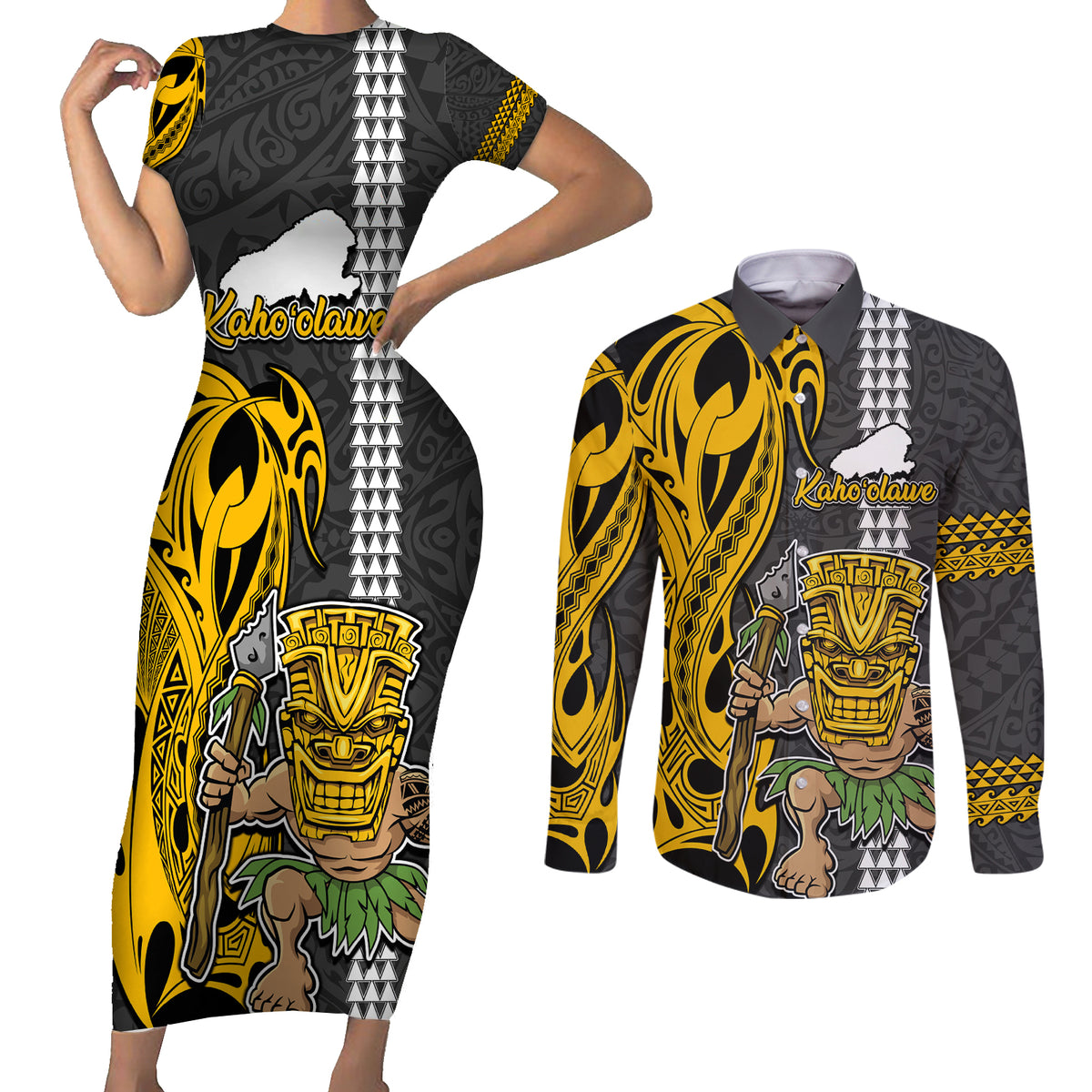 Custom Hawaii Kahoolawe Island Couples Matching Short Sleeve Bodycon Dress and Long Sleeve Button Shirts Hawaiian Warrior and Kakau Symbols Abstract Tattoo LT03 Yellow - Polynesian Pride