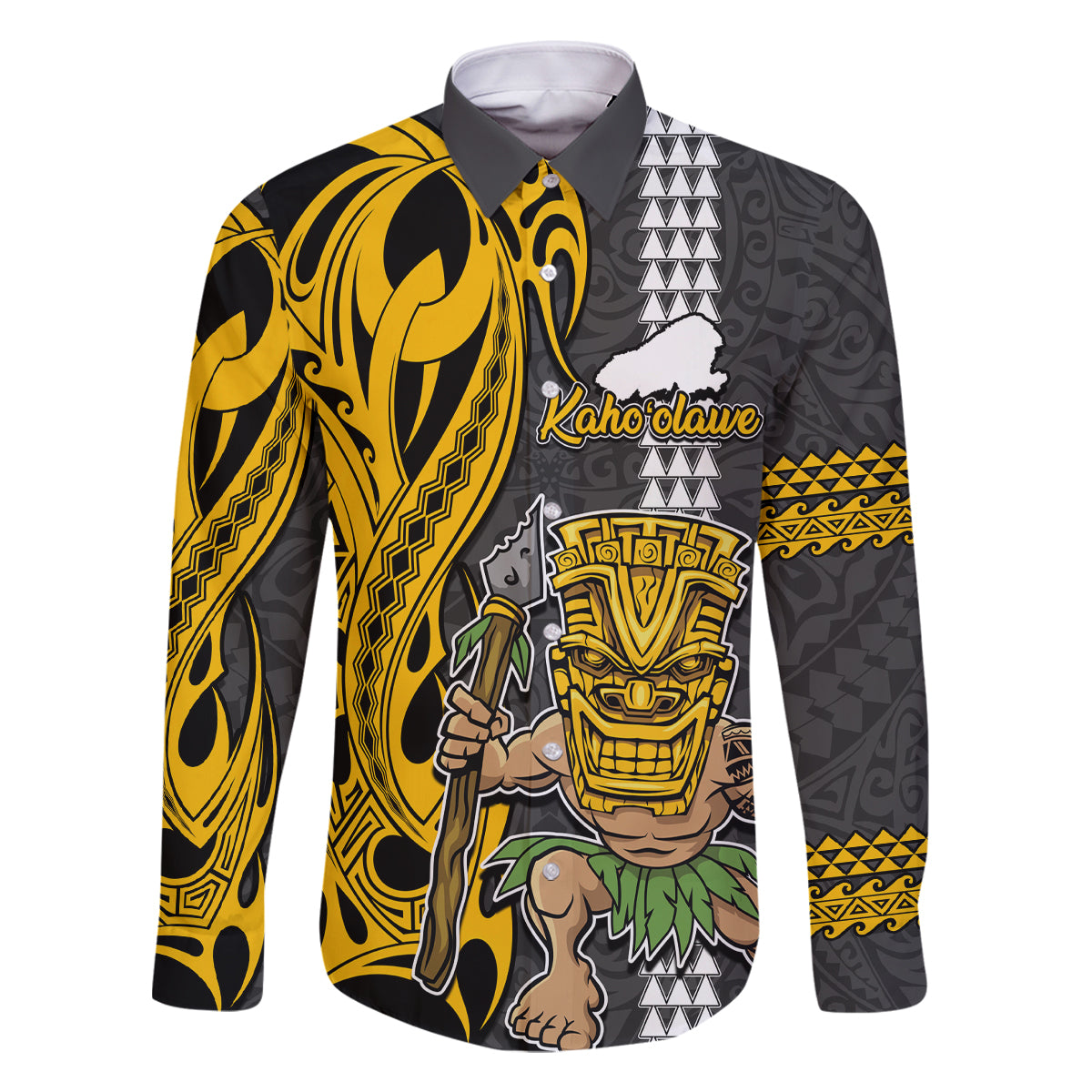 Custom Hawaii Kahoolawe Island Family Matching Off Shoulder Short Dress and Hawaiian Shirt Hawaiian Warrior and Kakau Symbols Abstract Tattoo LT03 Dad's Shirt - Long Sleeve Yellow - Polynesian Pride