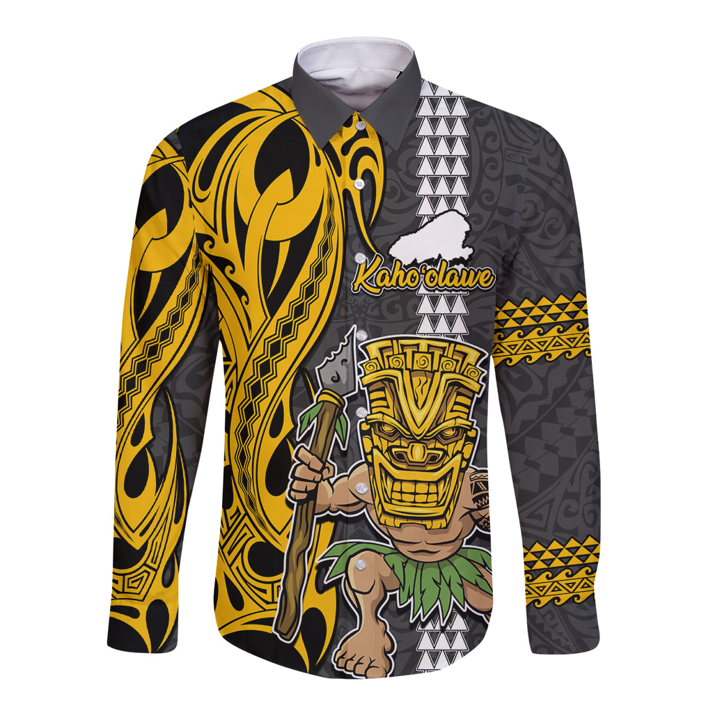 Custom Hawaii Kahoolawe Island Long Sleeve Button Shirt Hawaiian Warrior and Kakau Symbols Abstract Tattoo LT03 Unisex Yellow - Polynesian Pride