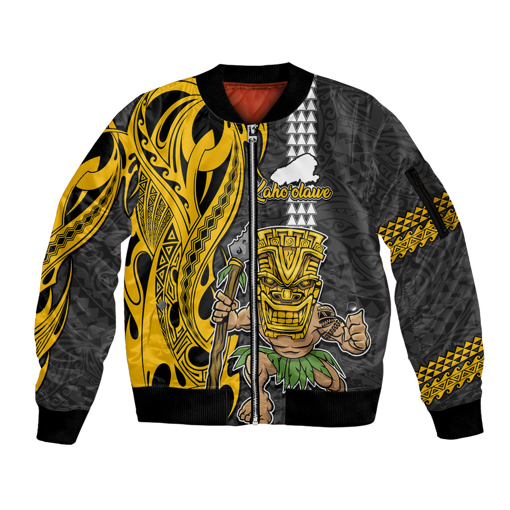 Custom Hawaii Kahoolawe Island Sleeve Zip Bomber Jacket Hawaiian Warrior and Kakau Symbols Abstract Tattoo LT03 Unisex Yellow - Polynesian Pride