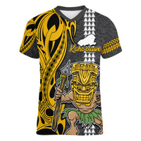 Custom Hawaii Kahoolawe Island Women V Neck T Shirt Hawaiian Warrior and Kakau Symbols Abstract Tattoo LT03 Female Yellow - Polynesian Pride