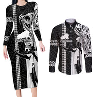 Hawaii Kahoolawe Island Couples Matching Long Sleeve Bodycon Dress and Long Sleeve Button Shirts Hawaiian King and Kakau Symbols Abstract Shoulder Tattoo LT03 Black - Polynesian Pride