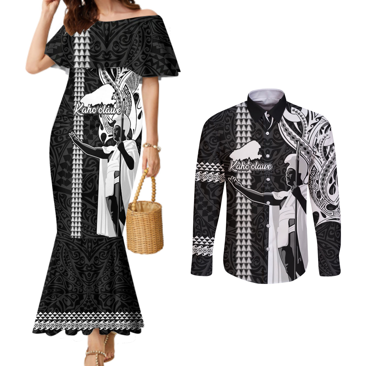Hawaii Kahoolawe Island Couples Matching Mermaid Dress and Long Sleeve Button Shirts Hawaiian King and Kakau Symbols Abstract Shoulder Tattoo LT03 Black - Polynesian Pride
