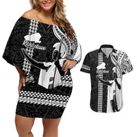 Hawaii Kahoolawe Island Couples Matching Off Shoulder Short Dress and Hawaiian Shirt Hawaiian King and Kakau Symbols Abstract Shoulder Tattoo LT03 Black - Polynesian Pride
