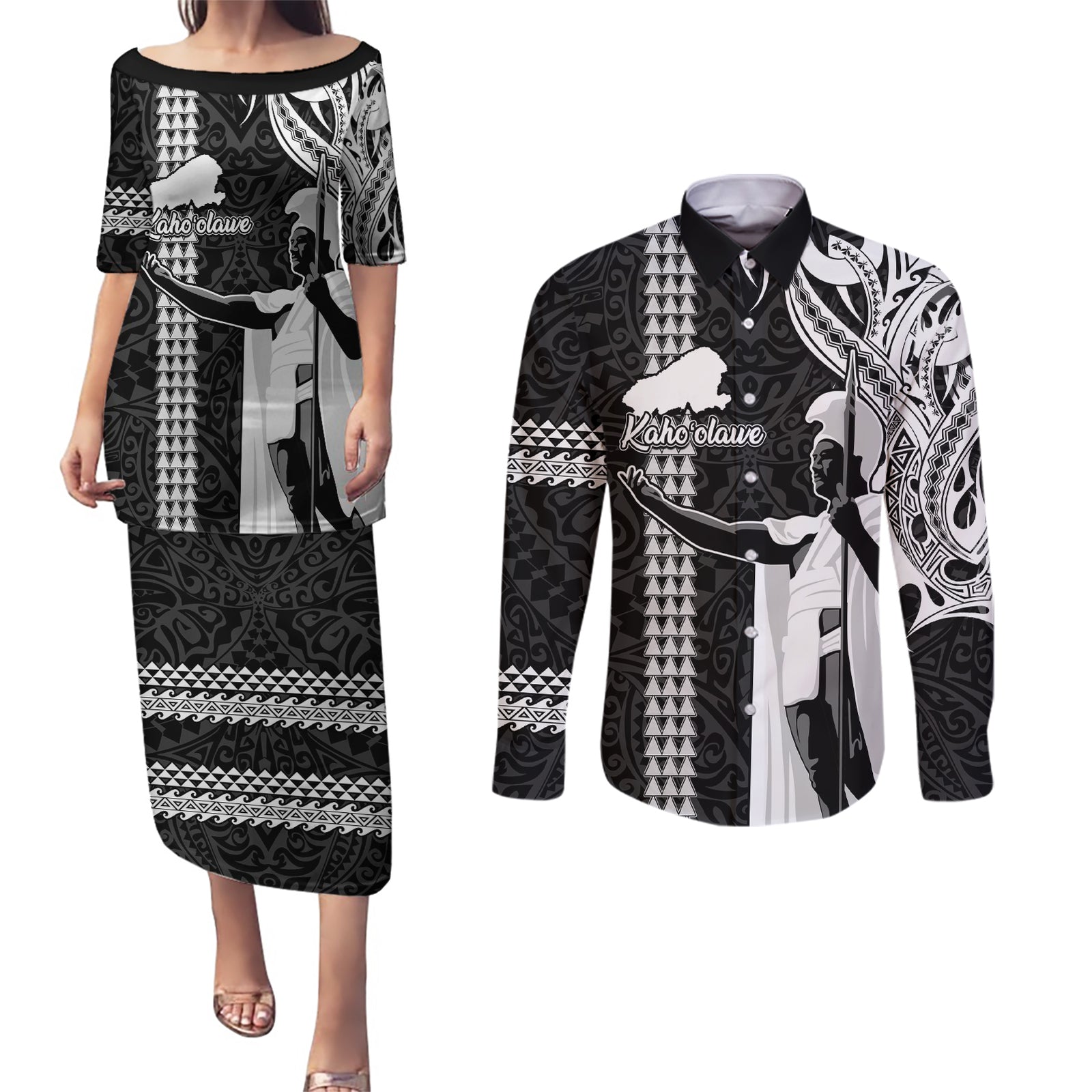 Hawaii Kahoolawe Island Couples Matching Puletasi Dress and Long Sleeve Button Shirts Hawaiian King and Kakau Symbols Abstract Shoulder Tattoo LT03 Black - Polynesian Pride