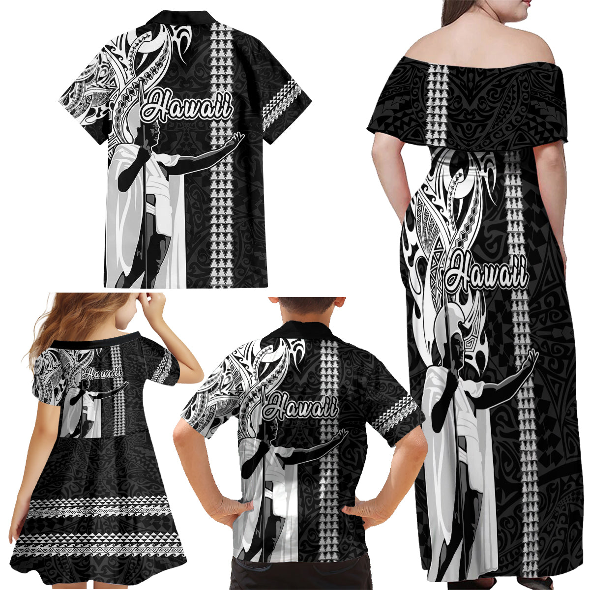 Hawaii Kahoolawe Island Family Matching Off Shoulder Maxi Dress and Hawaiian Shirt Hawaiian King and Kakau Symbols Abstract Shoulder Tattoo LT03 - Polynesian Pride