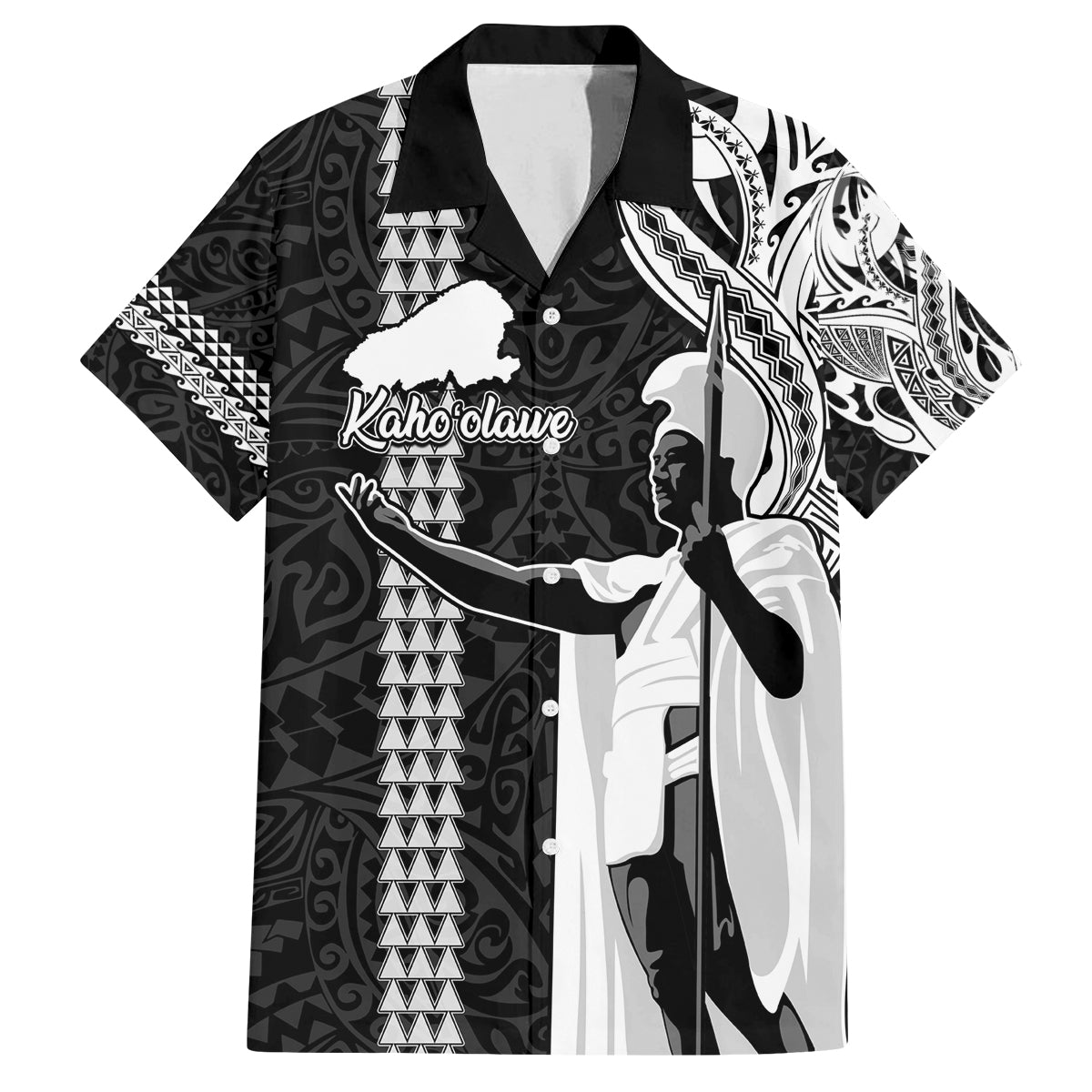 Hawaii Kahoolawe Island Family Matching Off Shoulder Short Dress and Hawaiian Shirt Hawaiian King and Kakau Symbols Abstract Shoulder Tattoo LT03 Dad's Shirt - Short Sleeve Black - Polynesian Pride