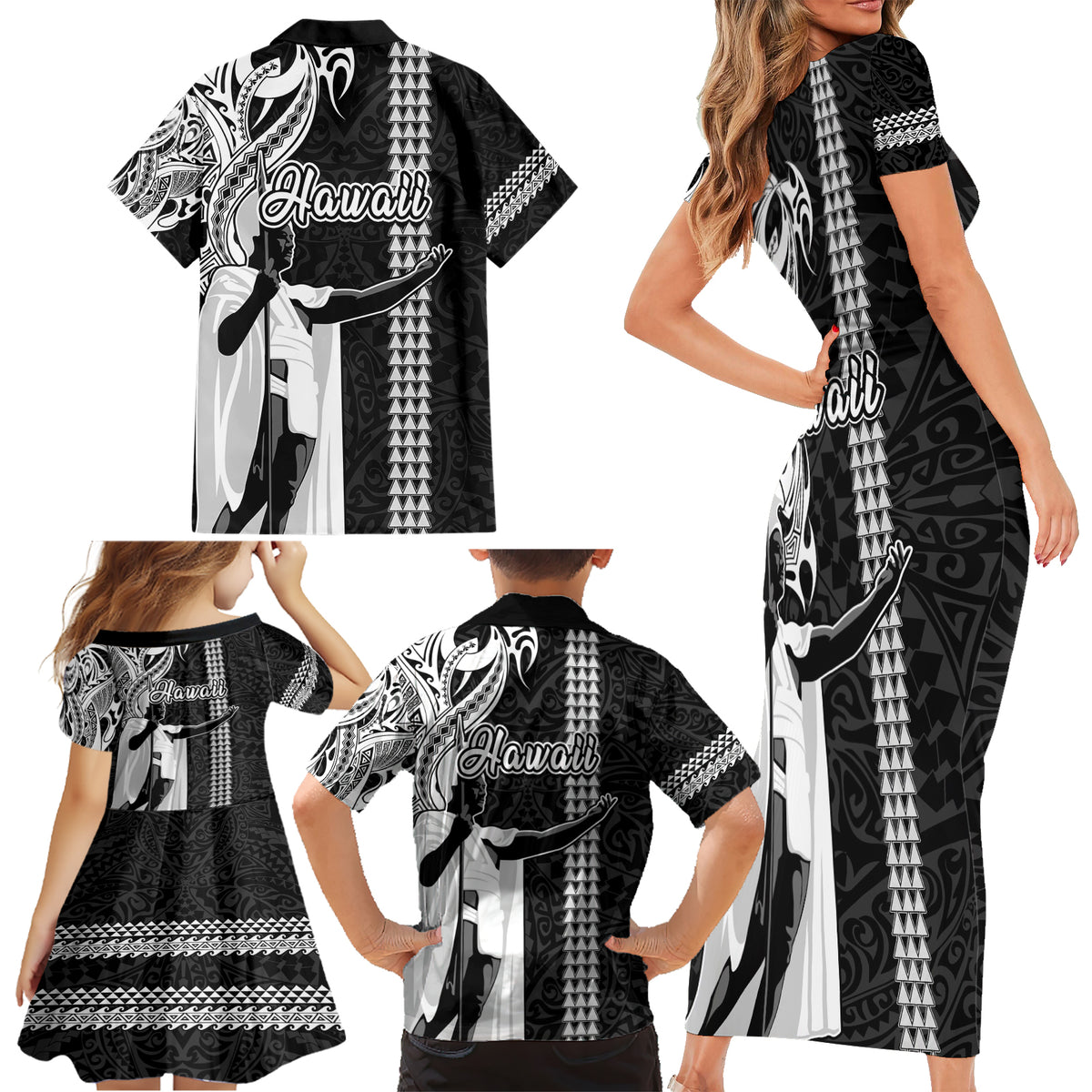 Hawaii Kahoolawe Island Family Matching Short Sleeve Bodycon Dress and Hawaiian Shirt Hawaiian King and Kakau Symbols Abstract Shoulder Tattoo LT03 - Polynesian Pride