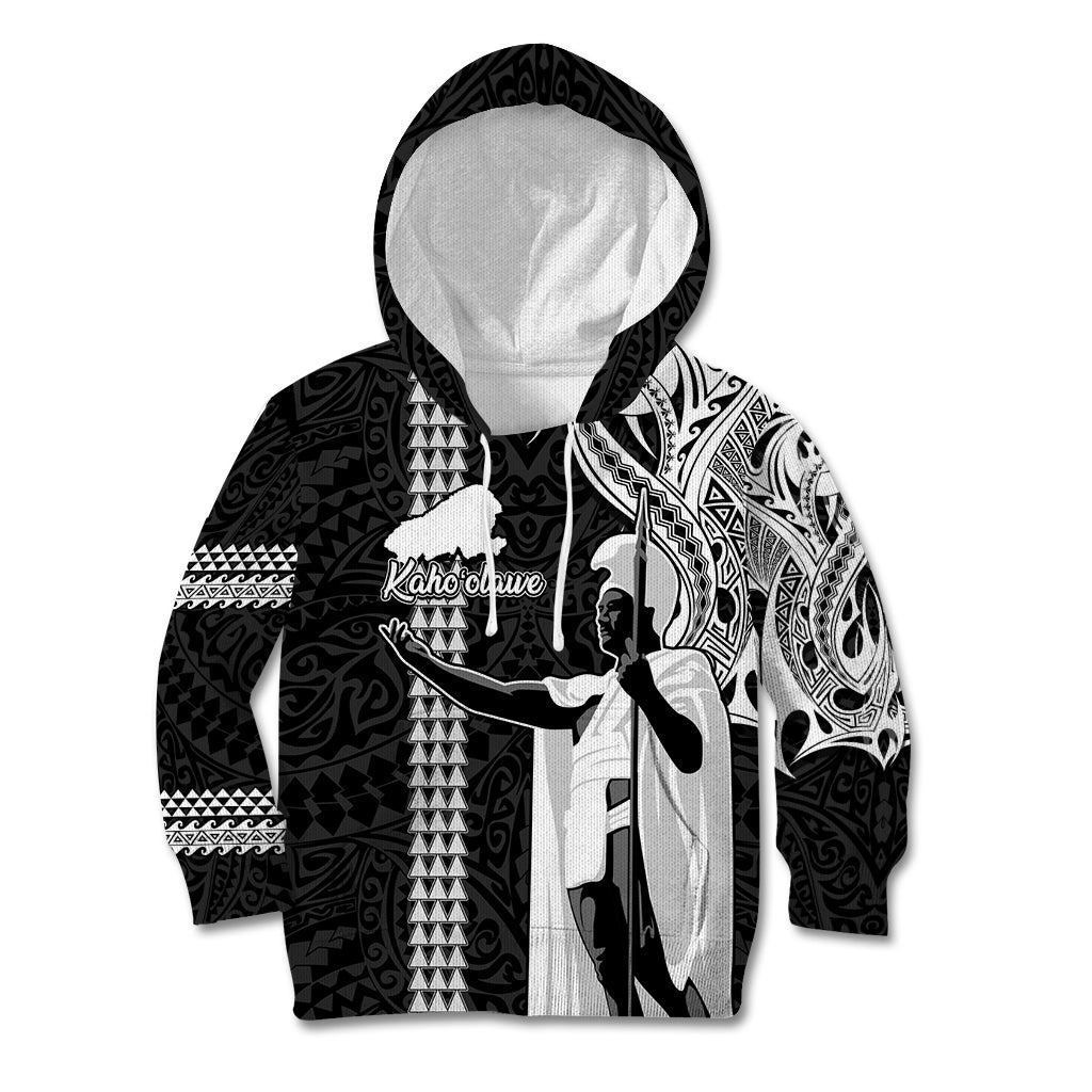 Hawaii Kahoolawe Island Kid Hoodie Hawaiian King and Kakau Symbols Abstract Shoulder Tattoo LT03 Black - Polynesian Pride
