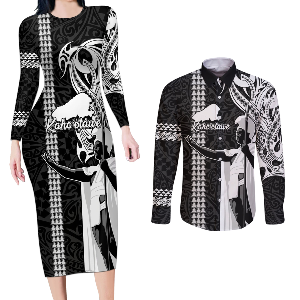 Custom Hawaii Kahoolawe Island Couples Matching Long Sleeve Bodycon Dress and Long Sleeve Button Shirts Hawaiian King and Kakau Symbols Abstract Shoulder Tattoo LT03 Black - Polynesian Pride