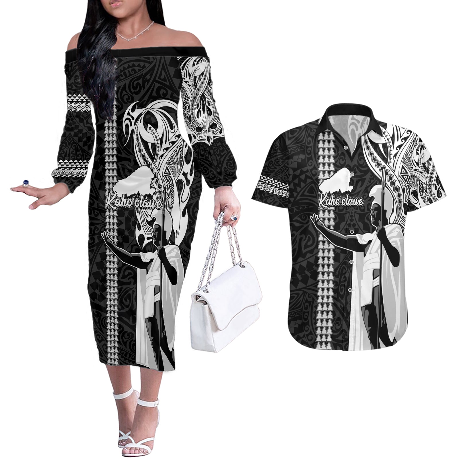 Custom Hawaii Kahoolawe Island Couples Matching Off The Shoulder Long Sleeve Dress and Hawaiian Shirt Hawaiian King and Kakau Symbols Abstract Shoulder Tattoo LT03 Black - Polynesian Pride