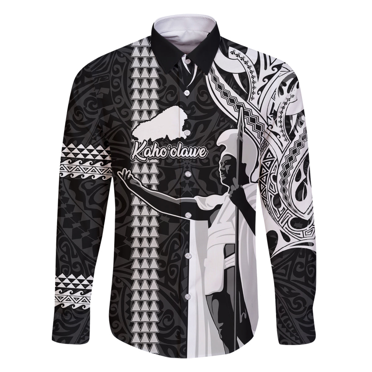 Custom Hawaii Kahoolawe Island Family Matching Summer Maxi Dress and Hawaiian Shirt Hawaiian King and Kakau Symbols Abstract Shoulder Tattoo LT03 Dad's Shirt - Long Sleeve Black - Polynesian Pride