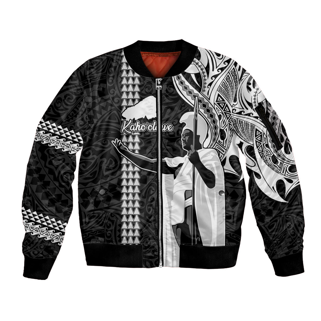 Custom Hawaii Kahoolawe Island Sleeve Zip Bomber Jacket Hawaiian King and Kakau Symbols Abstract Shoulder Tattoo LT03 Unisex Black - Polynesian Pride