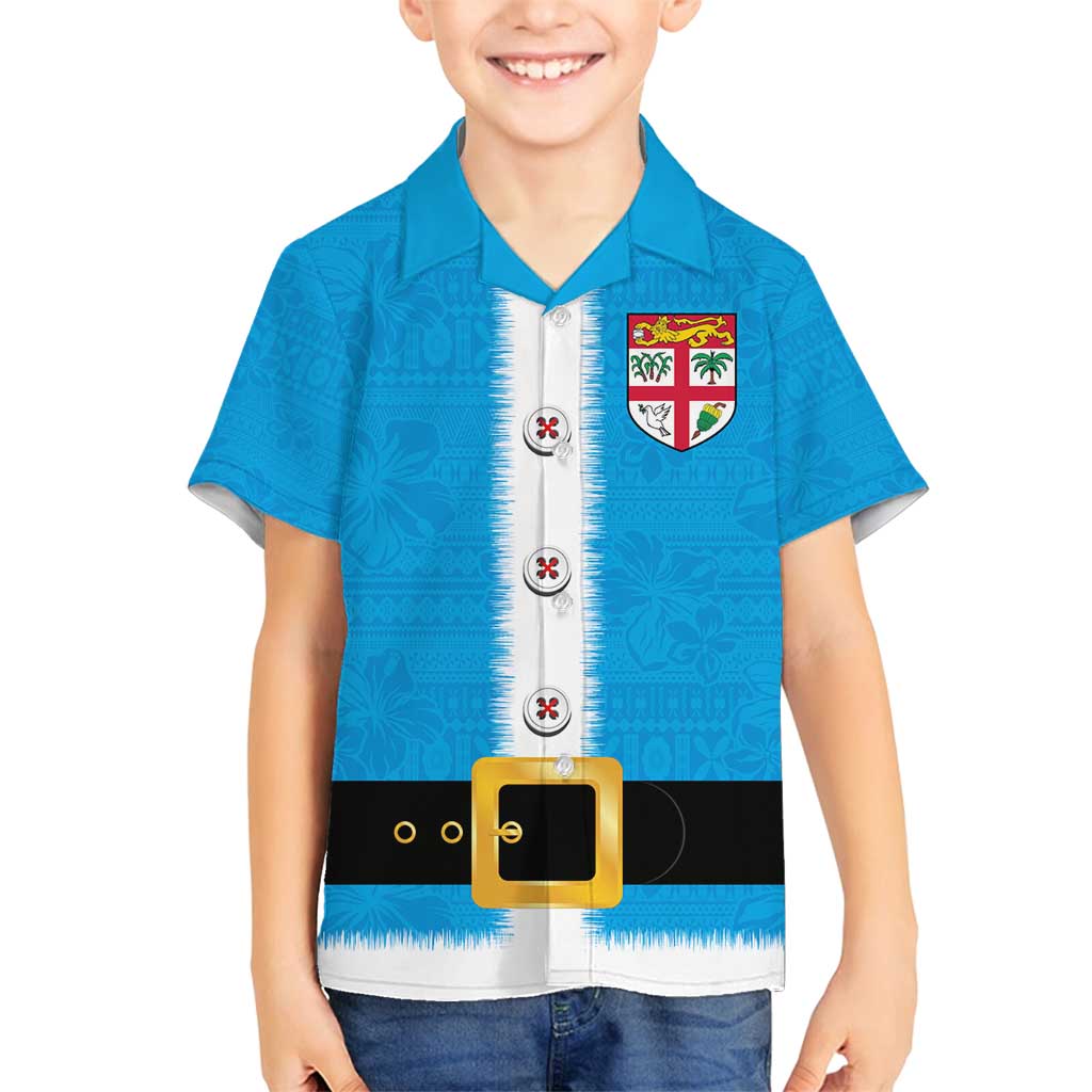 Fiji Merry Christmas Family Matching Summer Maxi Dress and Hawaiian Shirt Santa Suit Style With Tapa Tribal Pattern LT03 Son's Shirt Blue - Polynesian Pride