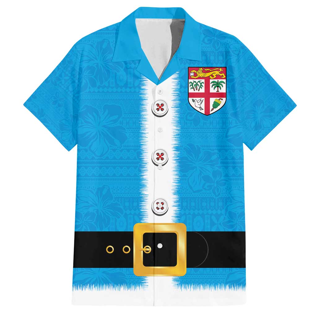 Fiji Merry Christmas Family Matching Tank Maxi Dress and Hawaiian Shirt Santa Suit Style With Tapa Tribal Pattern LT03 Dad's Shirt - Short Sleeve Blue - Polynesian Pride
