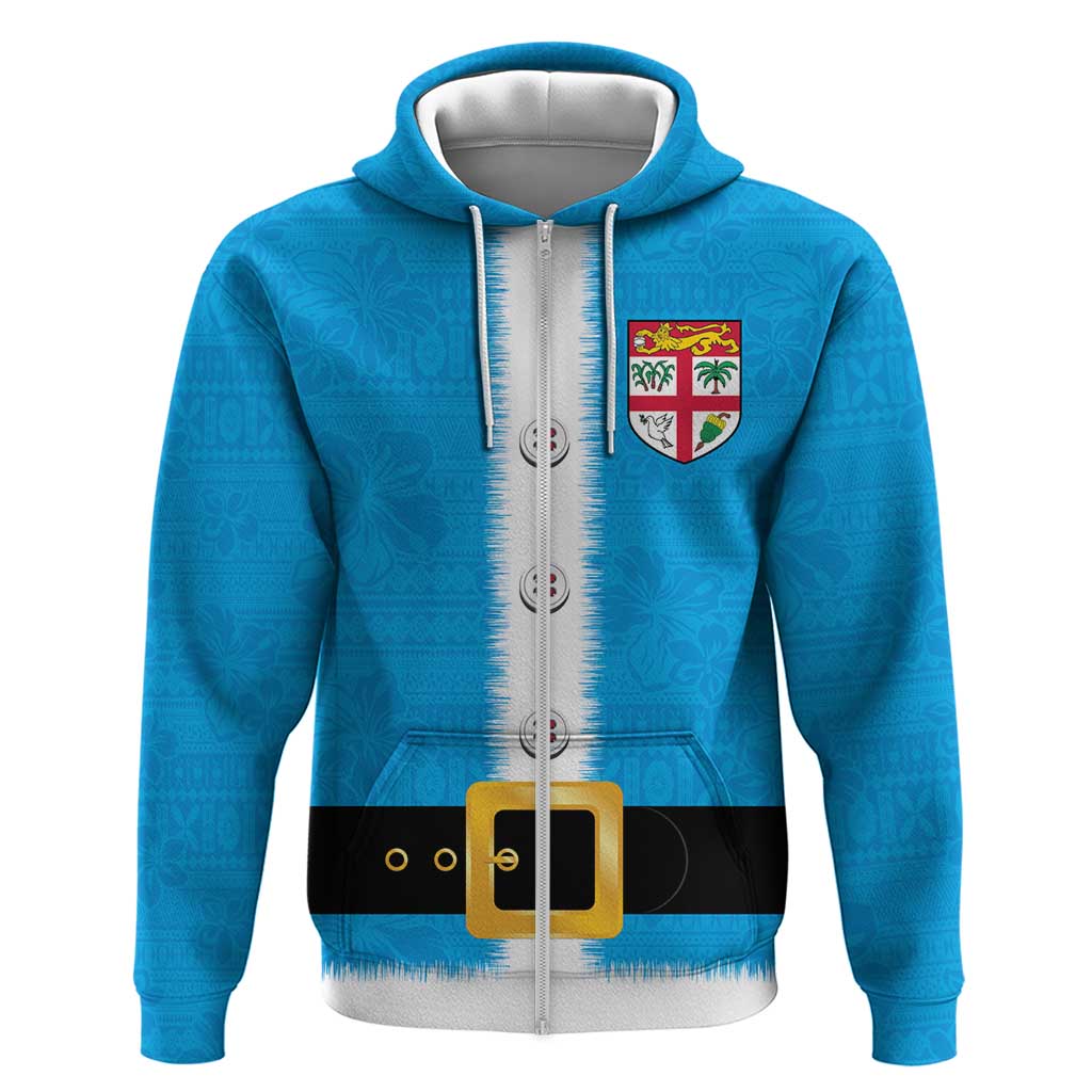 Fiji Merry Christmas Hoodie Santa Suit Style With Tapa Tribal Pattern LT03 Zip Hoodie Blue - Polynesian Pride