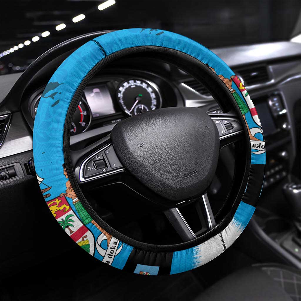 Fiji Merry Christmas Steering Wheel Cover Santa Suit Style With Tapa Tribal Pattern LT03 Universal Fit Blue - Polynesian Pride