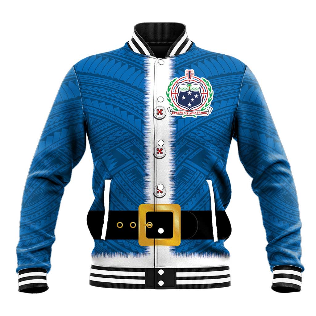 Samoa Merry Christmas Baseball Jacket Santa Suit Style With Tatau Tattoo Pattern LT03 Unisex Blue - Polynesian Pride