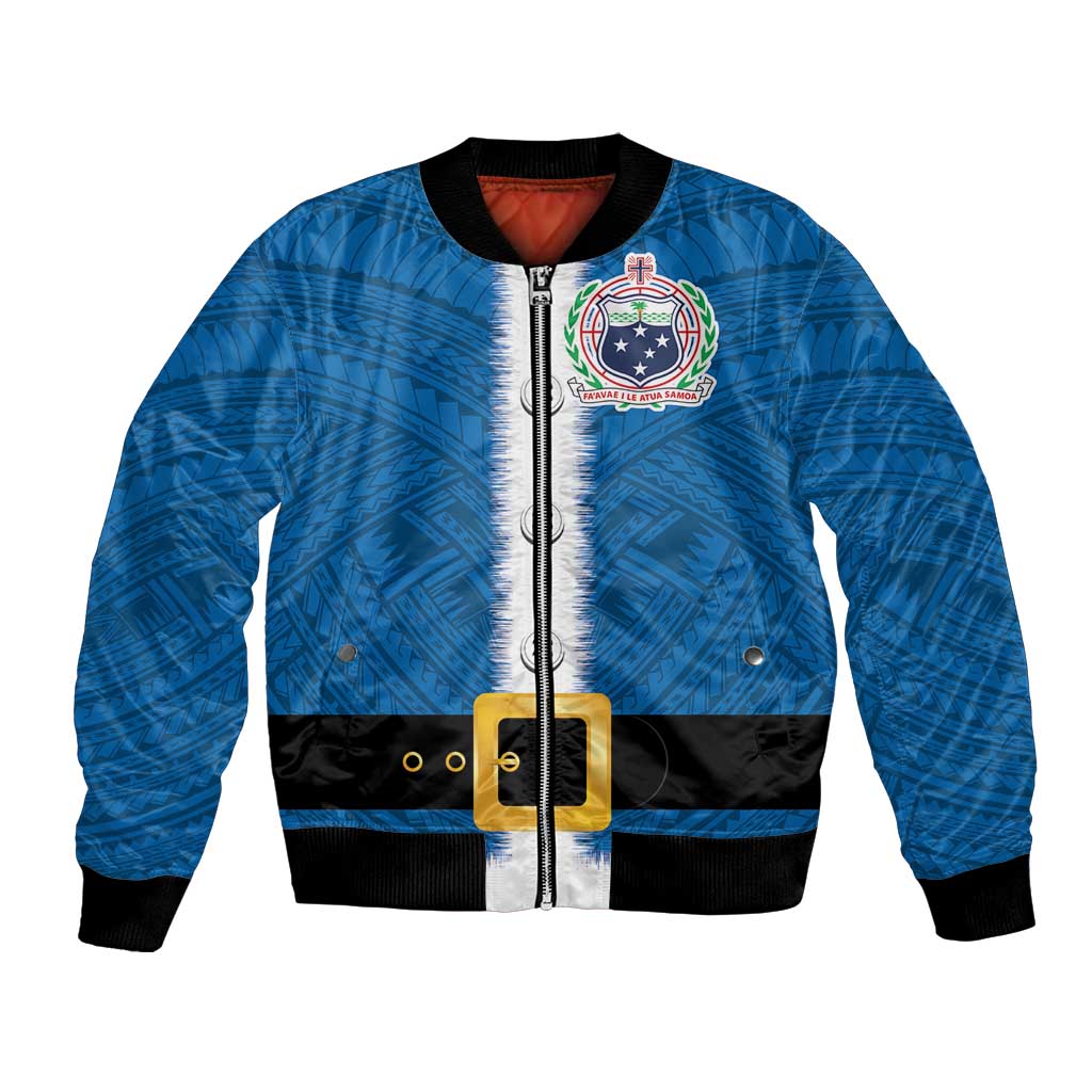 Samoa Merry Christmas Bomber Jacket Santa Suit Style With Tatau Tattoo Pattern LT03 Unisex Blue - Polynesian Pride