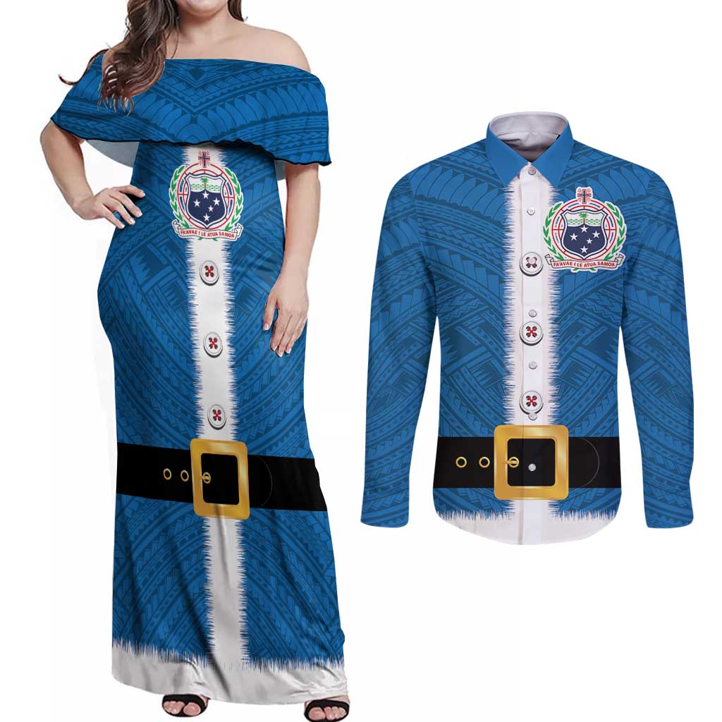 Samoa Merry Christmas Couples Matching Off Shoulder Maxi Dress and Long Sleeve Button Shirt Santa Suit Style With Tatau Tattoo Pattern LT03 Blue - Polynesian Pride