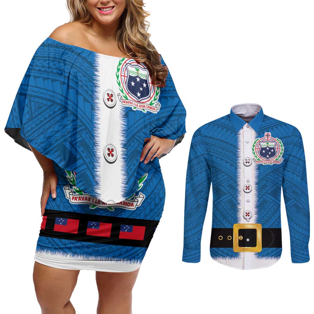 Samoa Merry Christmas Couples Matching Off Shoulder Short Dress and Long Sleeve Button Shirt Santa Suit Style With Tatau Tattoo Pattern LT03 Blue - Polynesian Pride