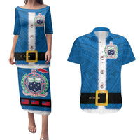 Samoa Merry Christmas Couples Matching Puletasi and Hawaiian Shirt Santa Suit Style With Tatau Tattoo Pattern LT03 Blue - Polynesian Pride