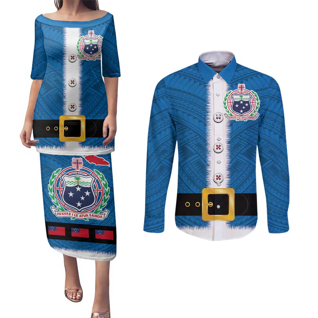 Samoa Merry Christmas Couples Matching Puletasi and Long Sleeve Button Shirt Santa Suit Style With Tatau Tattoo Pattern LT03 Blue - Polynesian Pride