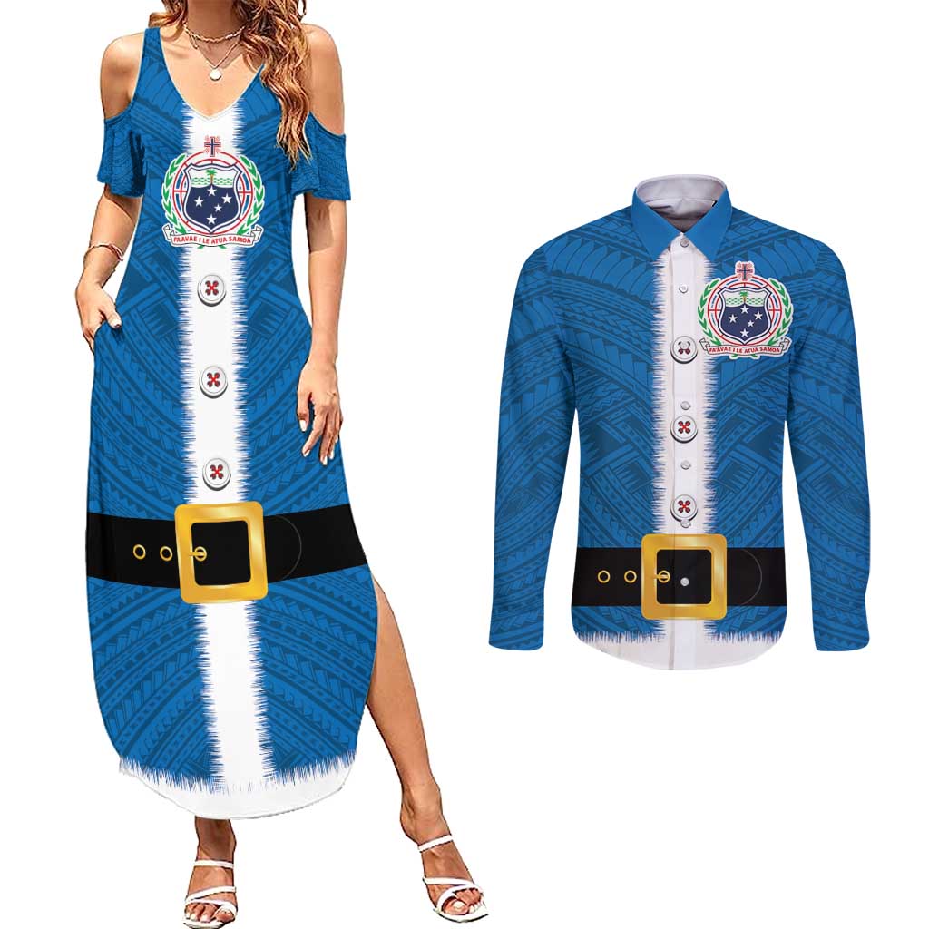 Samoa Merry Christmas Couples Matching Summer Maxi Dress and Long Sleeve Button Shirt Santa Suit Style With Tatau Tattoo Pattern LT03 Blue - Polynesian Pride