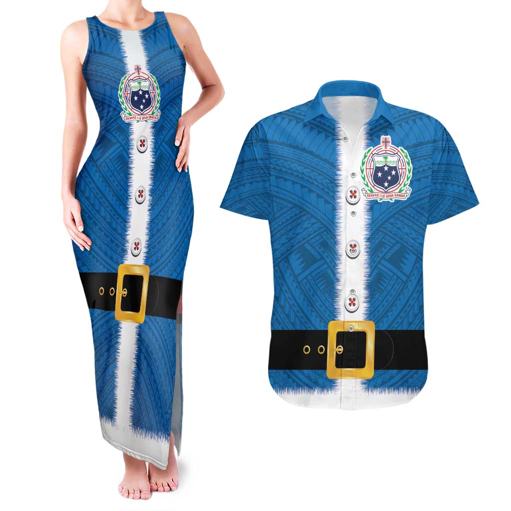 Samoa Merry Christmas Couples Matching Tank Maxi Dress and Hawaiian Shirt Santa Suit Style With Tatau Tattoo Pattern LT03 Blue - Polynesian Pride