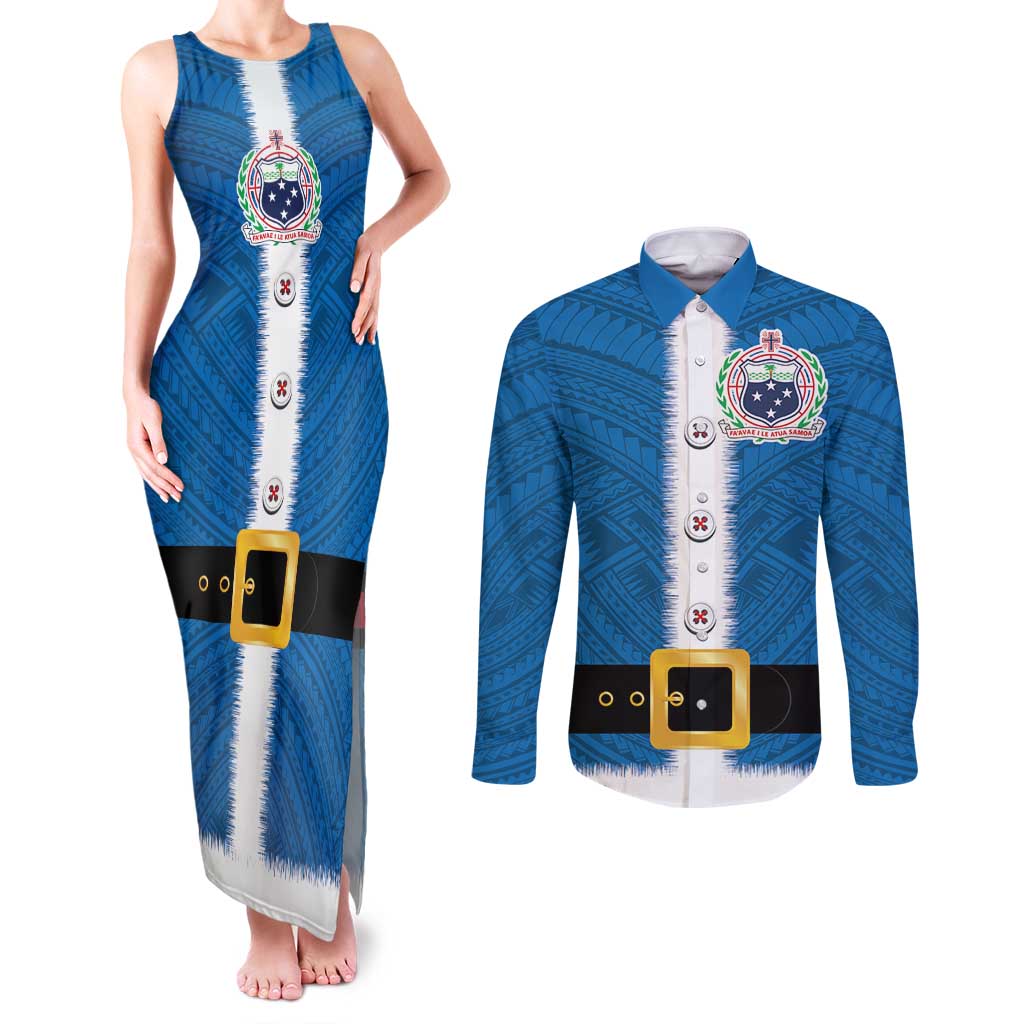 Samoa Merry Christmas Couples Matching Tank Maxi Dress and Long Sleeve Button Shirt Santa Suit Style With Tatau Tattoo Pattern LT03 Blue - Polynesian Pride