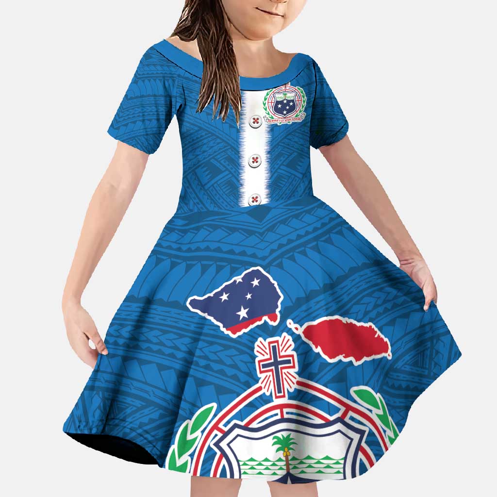 Samoa Merry Christmas Family Matching Mermaid Dress and Hawaiian Shirt Santa Suit Style With Tatau Tattoo Pattern LT03 Daughter's Dress Blue - Polynesian Pride