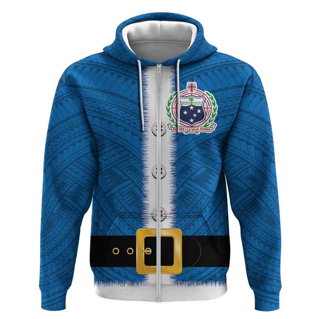Samoa Merry Christmas Hoodie Santa Suit Style With Tatau Tattoo Pattern LT03 Zip Hoodie Blue - Polynesian Pride