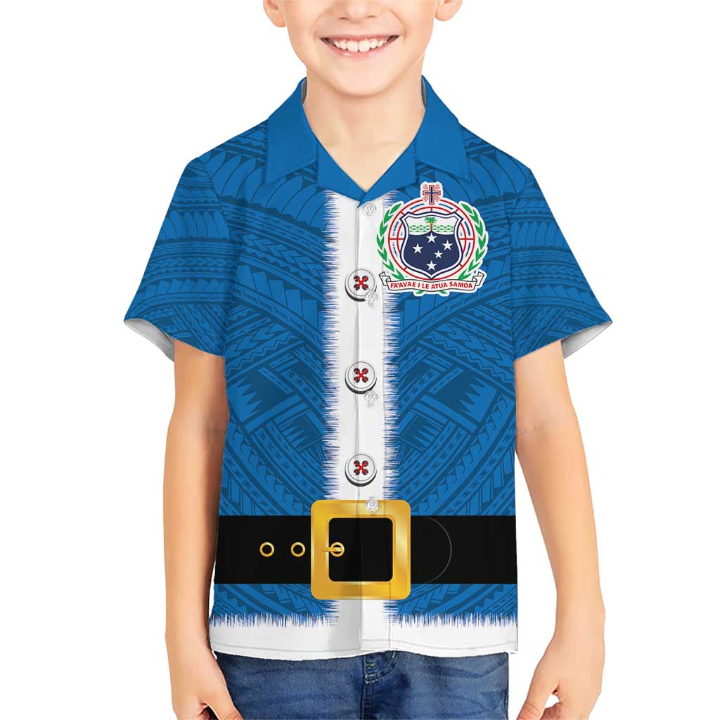 Samoa Merry Christmas Kid Hawaiian Shirt Santa Suit Style With Tatau Tattoo Pattern LT03 Kid Blue - Polynesian Pride