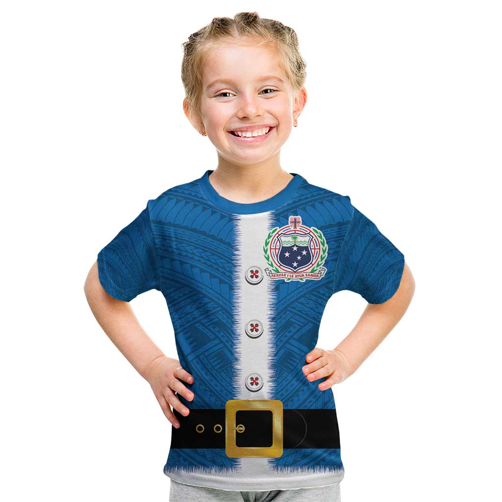 Samoa Merry Christmas Kid T Shirt Santa Suit Style With Tatau Tattoo Pattern LT03 Blue - Polynesian Pride