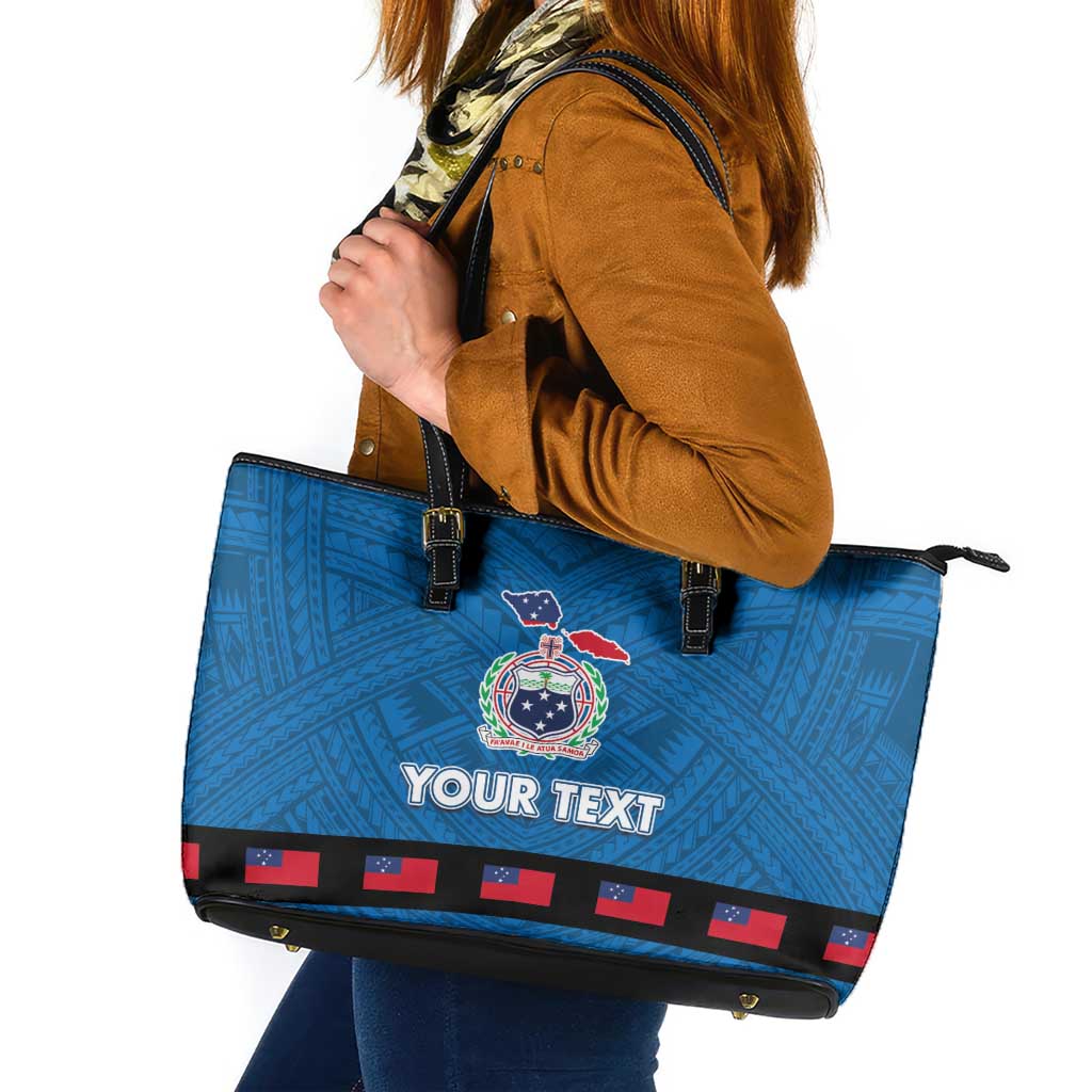 Samoa Merry Christmas Leather Tote Bag Santa Suit Style With Tatau Tattoo Pattern LT03 Blue - Polynesian Pride