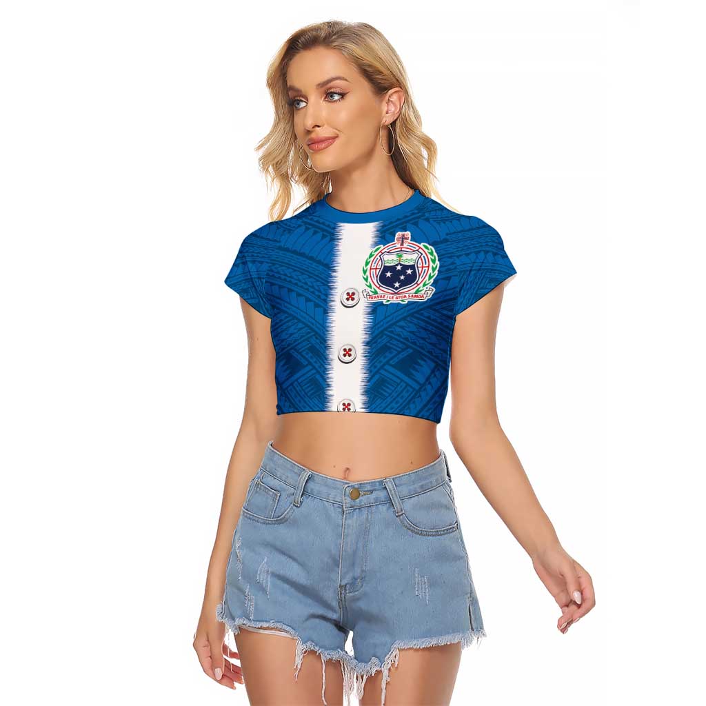 Samoa Merry Christmas Raglan Cropped T Shirt Santa Suit Style With Tatau Tattoo Pattern LT03 Female Blue - Polynesian Pride