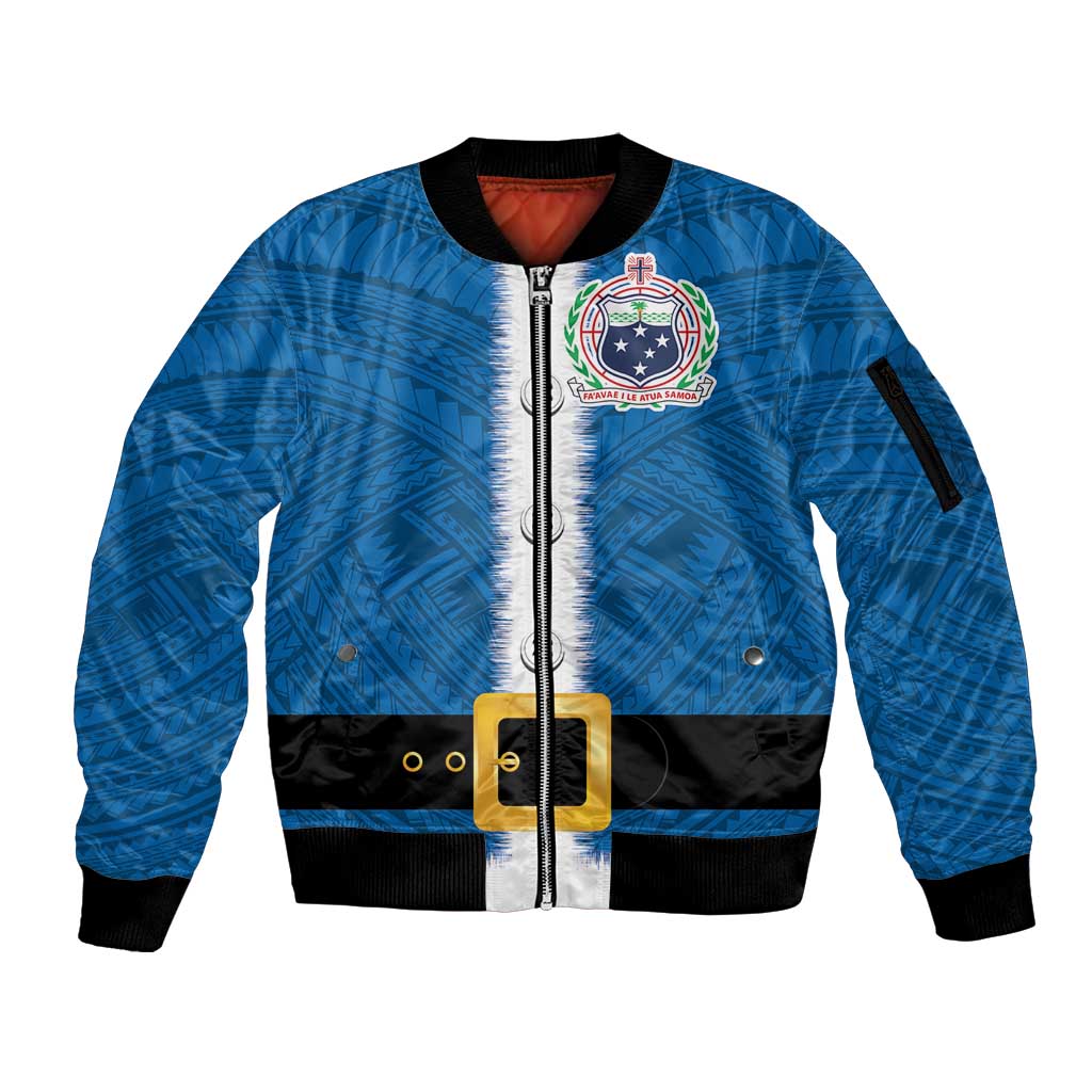 Samoa Merry Christmas Sleeve Zip Bomber Jacket Santa Suit Style With Tatau Tattoo Pattern LT03 Unisex Blue - Polynesian Pride