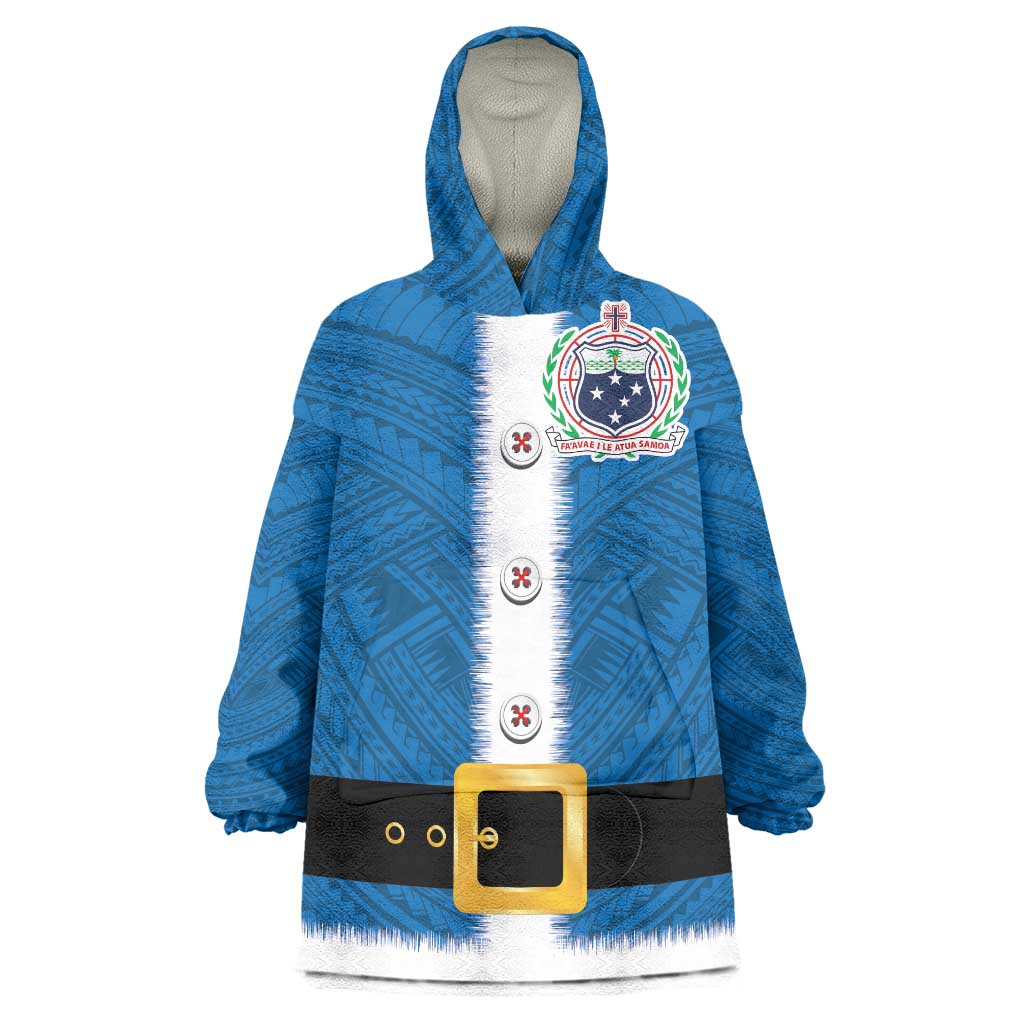 Samoa Merry Christmas Wearable Blanket Hoodie Santa Suit Style With Tatau Tattoo Pattern LT03 One Size Blue - Polynesian Pride